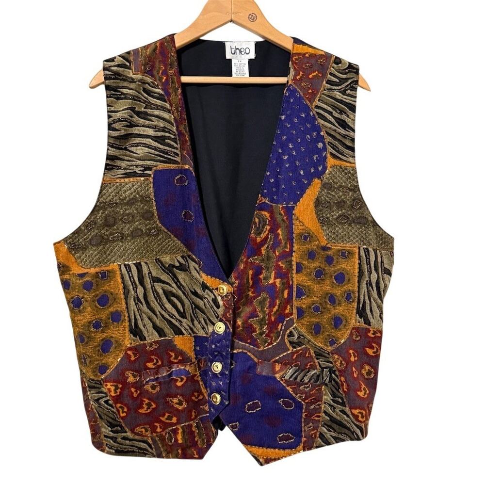 Theo Vintage Vest Womens 2XL Multicolor Patchwork Animal Print Beaded